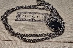GUCCI Halskette Anhänger Löwenkopf mit schwarzem Kristall Tier Silber Kette 24" Herren - Bild 1 von 5