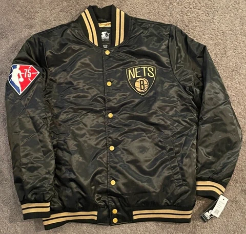 Men's Starter Black Label NBA 75th Anniversary Brooklyn Nets Black Satin Jacket Cover