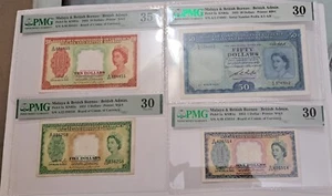 Malaya and British Borneo 1953 QE II 1, 5, 10, & 50 Dollars PMG Graded Note Set - Picture 1 of 17