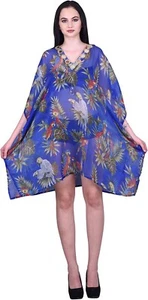 Parrot Print Mirror Work Blue Top Chiffon Boho Poncho L-36" - Picture 1 of 3
