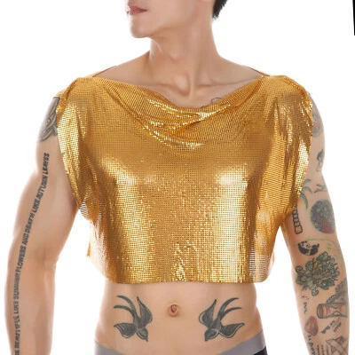 Men Vest Aluminium Tank Fitness Sleeveless Shine T-Shirt Clothing Stage Clubwear - Image 1 of 4