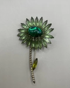 Vintage Schriner Unsigned Prong Set Green Rhinestone Daisy Flower Brooch As Is - Picture 1 of 14