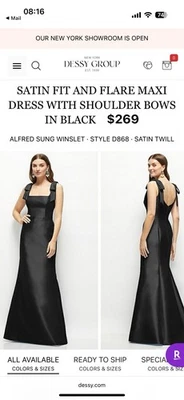 Vestido de Dama de honor Alfred Sung D868 negro satinado sarga con lazos en los hombros talla 14 Foto 1 de 4