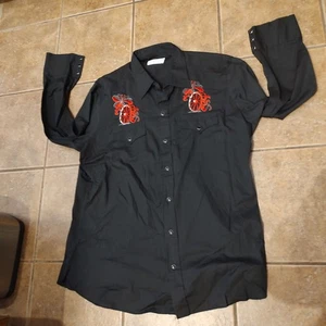 Vintage H Bar C Long Tail Black Embroidered Western Button Up Shirt Long Sleeve - Picture 1 of 10