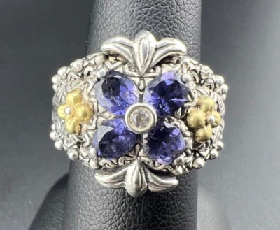 BARBARA BIXBY STERLING SILVER 925 18K YG YELLOW GOLD IOLITE FLOWER RING SIZE 7 - Image 1 of 4