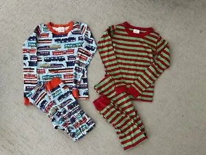 Lot 2 pairs Boy Hanna Andersson Trains Christmas Long Pajamas size 140 (10) - Picture 1 of 9