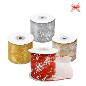 4 Rolls 40 Yards Christmas Ribbon Wired 2.5 Inch Sheer Organza Glitter Ribbon... - Picture 1 of 9