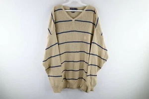 Vintage 90s Nautica Mens Size XL Striped Cotton Knit V-Neck Sweater Tan Brown - Picture 1 of 8