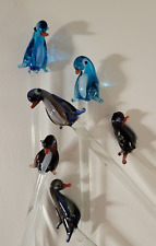 Hand Made Glass Swizzle Stick Stir Drink Set of 6 Penguins Grey & Blue Black