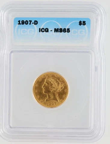 1907-D Half Eagle ICG MS65 $5 Denver Minted Indian Head Gold Coin Cover
