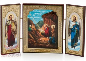 Folding Wooden Triptych Icon of Christmas Nativity of Christ Рождество Христово - Picture 1 of 6