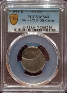 1999-D Jefferson Nickel, 70% off-center of planchet, toned Mint Error PCGS MS-64 - Picture 1 of 5