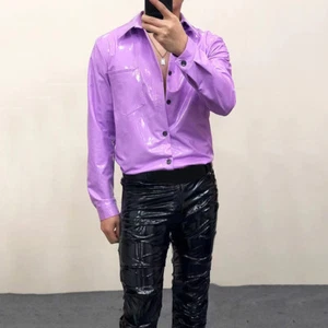 Men Faux Leather Shirt Long Sleeve Shiny PU Top Blouse Showman Costume Clubwear - Picture 1 of 38