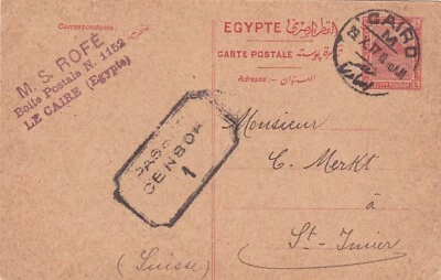 Egipto 1917 Primera Guerra Mundial papelería censurada enviada a Suiza con CD de El Cairo Foto 1 de 2