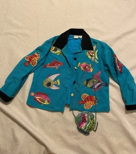Vintage BLEU BAYOU Damen Fisch Jacke Gr. SP & Perlen Pailletten Fisch Handtasche LESEN - Bild 1 von 10