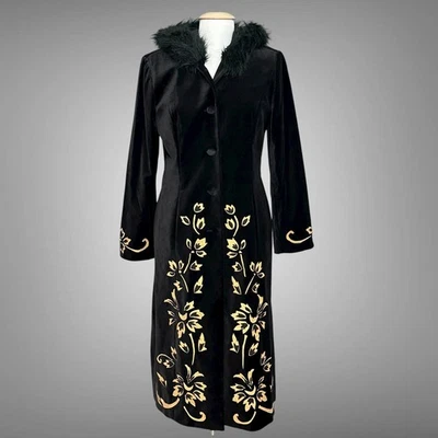 Abrigo Mujer De Colección Años 90 M Negro Terciopelo Dorado Floral Imitación Piel Capucha Plumero Boho Gótico Foto 1 de 4