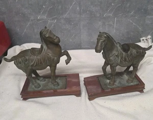 Antique Chinese Tang Dynasty Style Bronze Horses Wood base.  Signed on baseplate - Picture 1 of 18