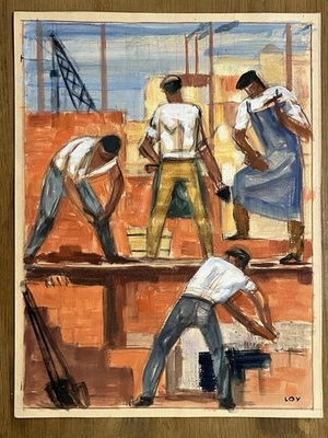 Orig.-Grafik v. Adolf Loy, um 1950 Maurer Bauarbeiter Wirtschaftswunder Hausbau - Bild 1 von 4