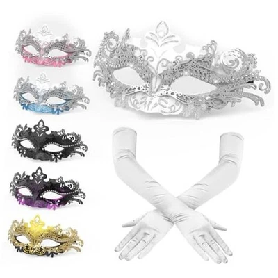 Masquerade Mask&Satin Opera Gloves Set for Women Venetian Mardi Gras Silver - Image 1 of 4