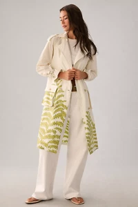 ANTHROPOLOGIE BELTED FERN PRINT DOUBLE BREASTED MIDI TRENCH COAT JACKET IVORY XL - Picture 1 of 5