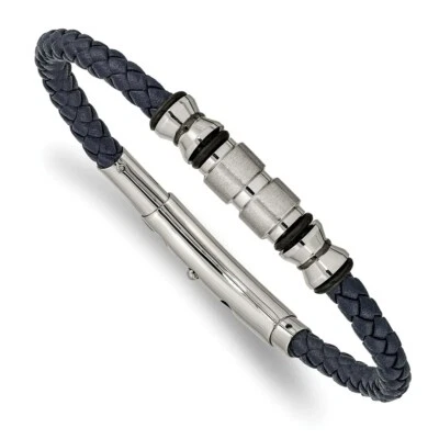 Stainless Steel Brushed & Polished Blk IP/Rubber Blue Leather Adj. Bracelet - Image 1 of 3