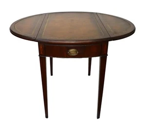 1940s Mahogany Pembroke Table Drop Leaves Gold Trimmed Leather Top and Drawer - Picture 1 of 7