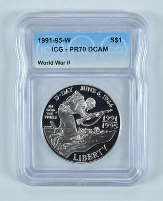 1991-95-W World War II Commemorative Silver Dollar PR70 DCAM ICG - Image 1 of 4