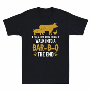 Pig A Funny End And A Chicken A Men's Walk A Cow T-Shirt The Bar-B-Q Into Retro - Picture 1 of 7