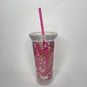 Tapa de vaso de viaje Lily Pulitzer y pajita rosa y verde blanco flores plástico - Imagen 1 de 9