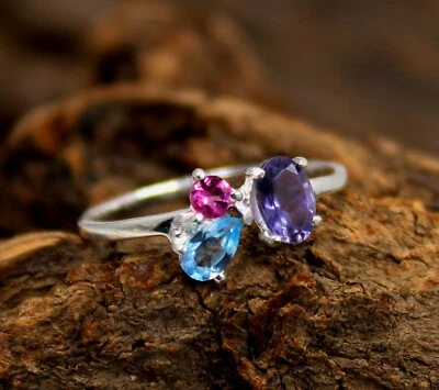 Anello in argento sterling 925 massiccio con pietre preziose rodolite topazio... - Immagine 1 di 4