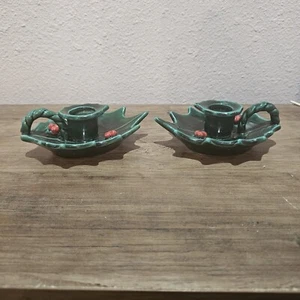 Vintage Lefton Weihnachten grün Stechpalme Beerenblatt Kerzenhalter 2er Set - Bild 1 von 9