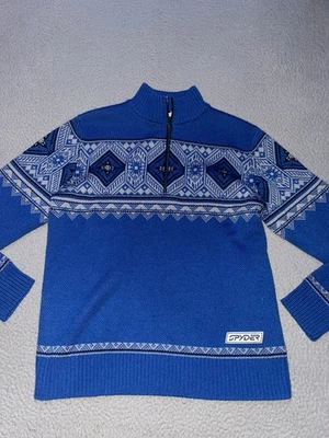 Spyder Sweater Mens Medium Blue US Ski Team Fair Isle 1/4 Zip Wool Blend Winter - Image 1 of 4