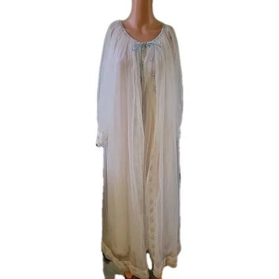 Conjunto de camisola vintage Glam Miss Elaine Peignoir azul branco renda longa tamanho M - Imagem 1 de 4