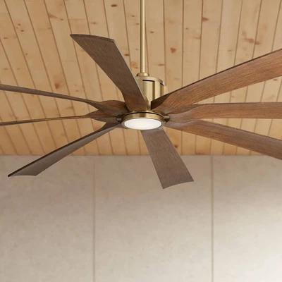 70" Possini Defender Soft Brass Koa Damp LED Ceiling Fan with Remote - Image 1 of 4