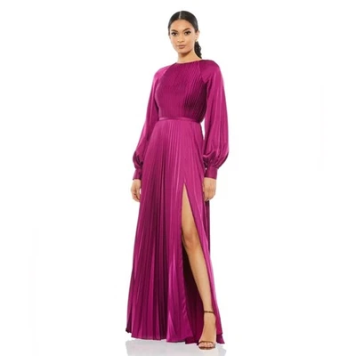NEW Ieena Mac Duggal 26590 Long Sleeve Pleated Satin Dress Gown ‎Berry Pink 12 - Image 1 of 4