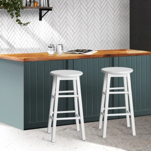 Set Of 2 Bar Stool Backless Solid Beech Wooden Seat Split Level Footrest White - Picture 1 of 8