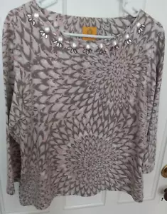 RUBY RD 3/4Sl White/Gray/Peach Abstract/Floral Prnt Boat Neck Cotton Blend Top L - Picture 1 of 6