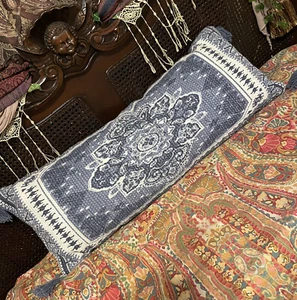 White Blue Lumbar Extra Long Pillow Tassel Corners Boho Rectangular Throw Decor - Picture 1 of 8