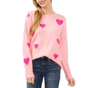 NWT CeCe $80 Pink Hearts Crew Neck Loose Fit Knit Sweater Size M - Picture 1 of 8