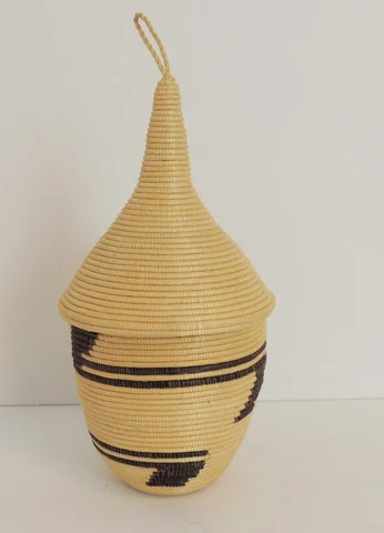 Handmade Hanging Woven Lidded Basket Coil Wicker Brown Design Cover