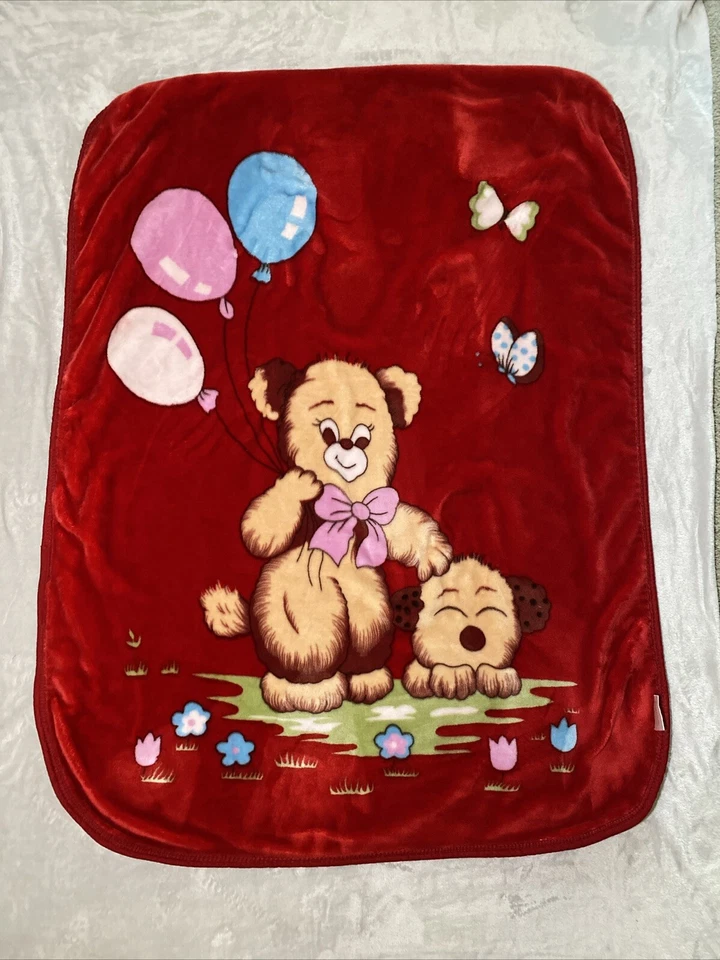 Manta de Colección EMMA Bebé Niños Oso Globos Perro Mariposa Rojo RARA 2 CAPAS Foto 1 de 4