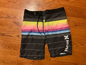 Hurley Boys Shorts Size 12 / 26 Black with Stripes Surf Board Beach Summer Swim - Picture 1 of 2