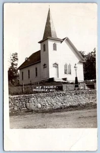 1910er ERA RPPC HANCOCK WISCONSIN M.E. KIRCHE*ECHTFOTO POSTKARTE*STEINMAUER - Bild 1 von 2