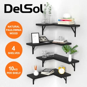 DelSol Floating Corner Shelves Wall Mounted Storage Shelf Wood Display Rack - Picture 1 of 13