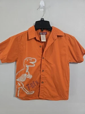 Vintage 1990s Faded Glory Tyrannosaurus Rex Orange Button Up Shirt You Size 7 - Image 1 of 4