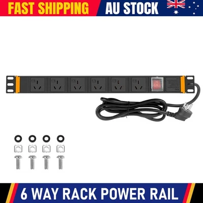 Horizontal Rack Mount PDU 19" Power Board 6 Way GPO 1RU 1U Strip Rail SPIKE 10A - image 1 of 4