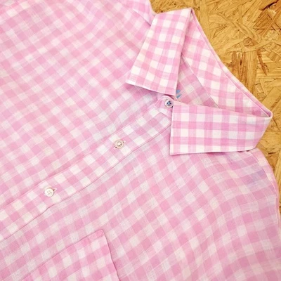 J McLaughlin Linen Shirt Mens Size Large Pink Check Preppy Long Sleeve Button Up - Image 1 of 4