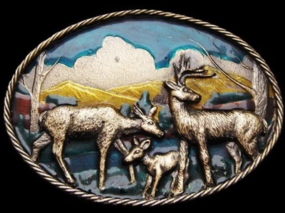 IL25102 MUY COLORIDO VINTAGE 1980 **FAMILIA DE CIERVOS EN VALLE** HEBILLA DE CINTURÓN Foto 1 de 2
