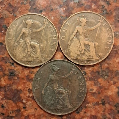 1917 GRANDE MOEDA DE UM CENTAVO DA GRÃ-BRETANHA (1 MOEDA POR VENDA ESCOLHIDA ALEATORIAMENTE) #B7463 - Imagem 1 de 2