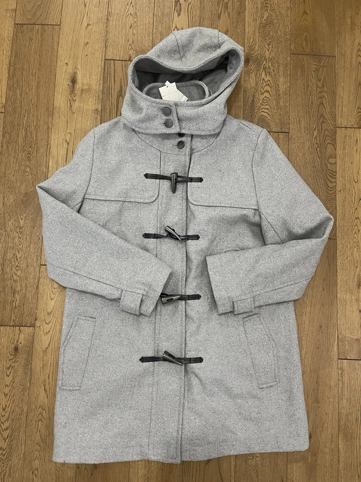 BNWT GAP LADIES LIGHT GREY LONG HOODED WOOL TOGGLE BUTTON DUFFLE COAT SIZE L - Image 1 of 4